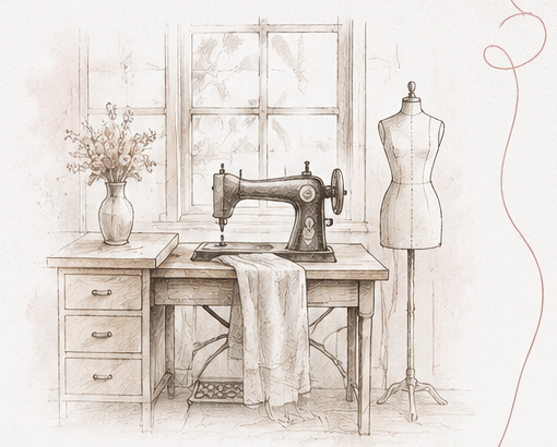 Illustration d'un atelier de couture avec machine à coudre, mannequin et meuble de travail.