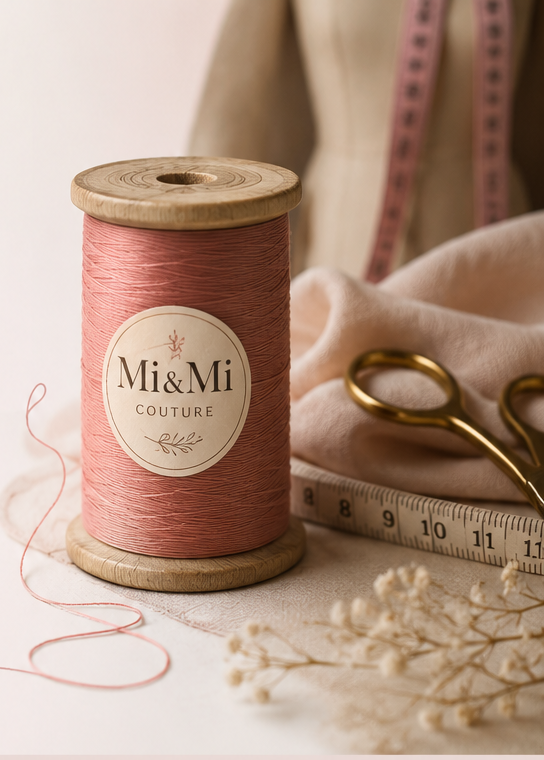 Bobine de fil rose Mi&Mi Couture posée dans un univers d'atelier couture avec ciseaux, mètre ruban et textile.